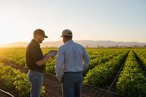 Farmers checking crops with tablet in field