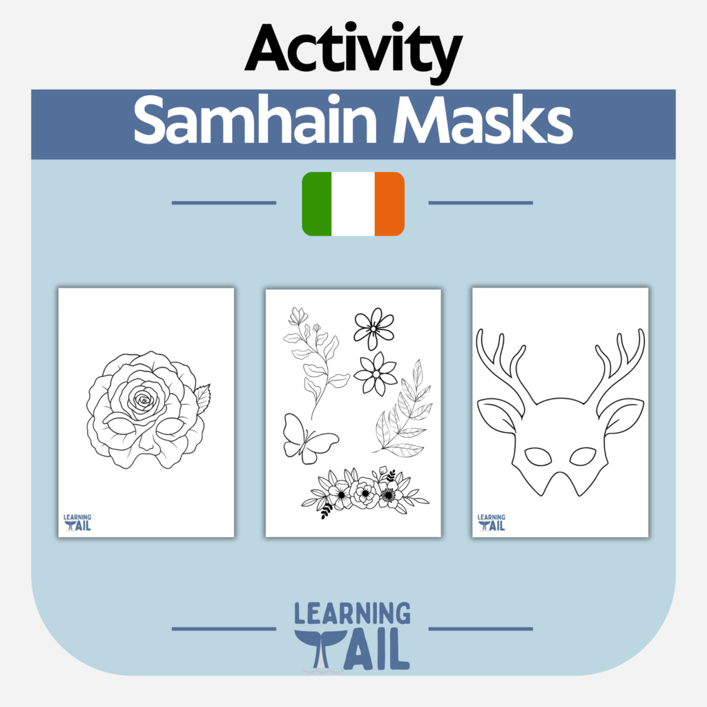 Child decorating a Samhain mask with autumn colors